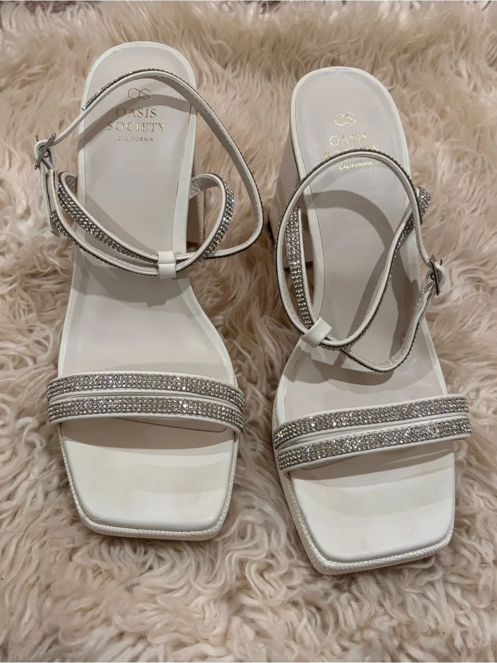 The Suva White Rhinestone and Reptile Print Strappy Block Heel by Oasis Society